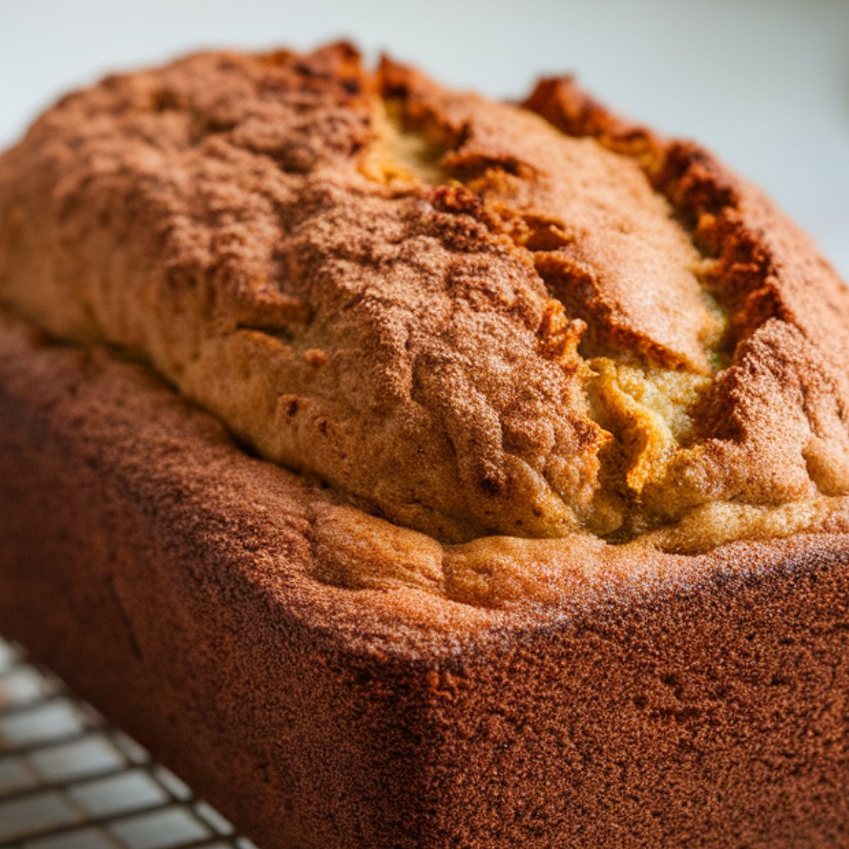 A gluten-free zucchini bread loaf cooling on a wire rack with a sprinkle of cinnamon sugar on top, placed on a white kitchen counter.