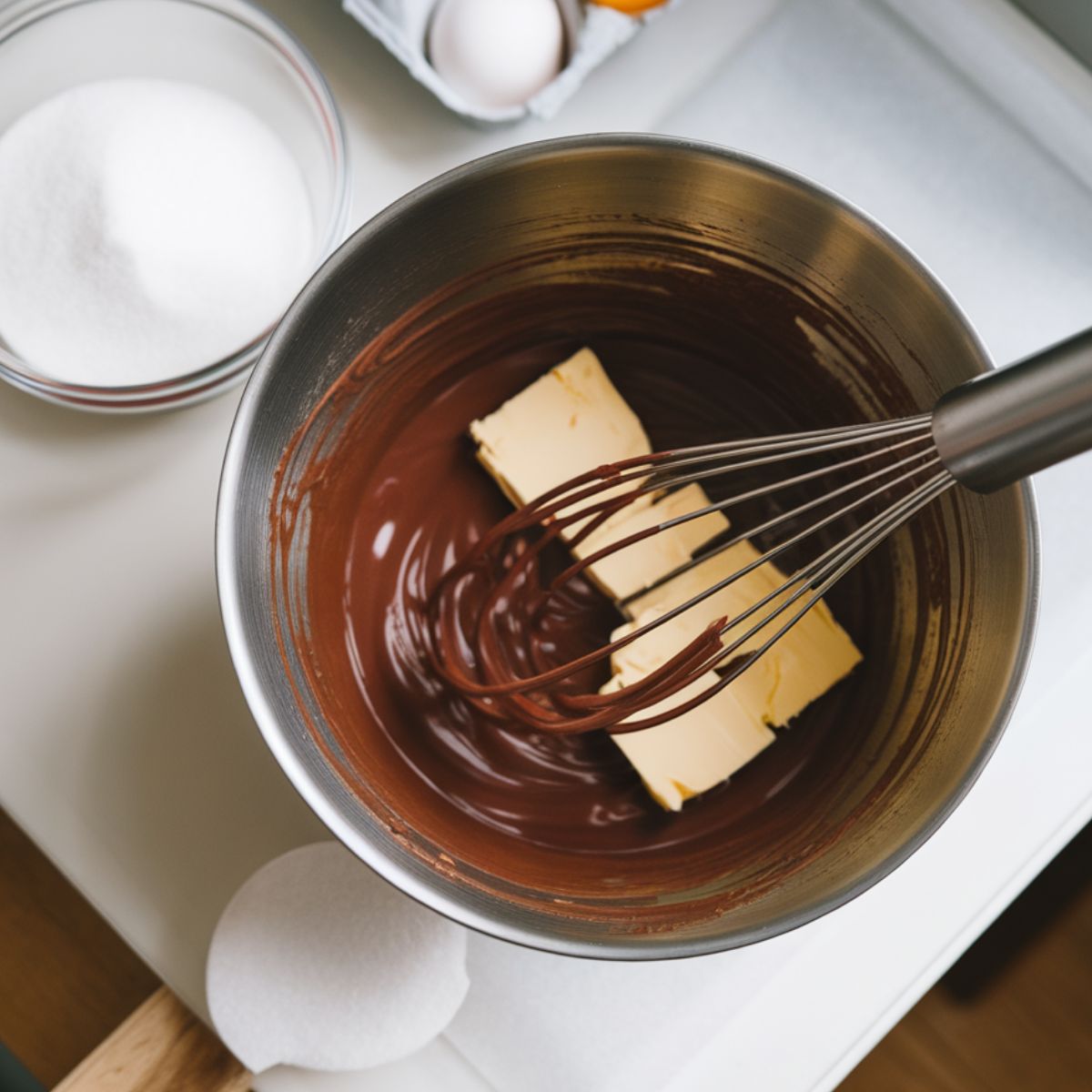 Whisking melted chocolate and butter in a bowl with brownie ingredients nearby