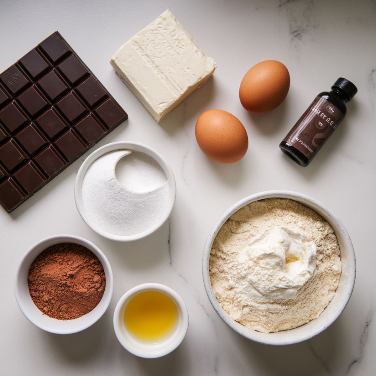 Ingredients for cream cheese brownies arranged on a white kitchen counter.