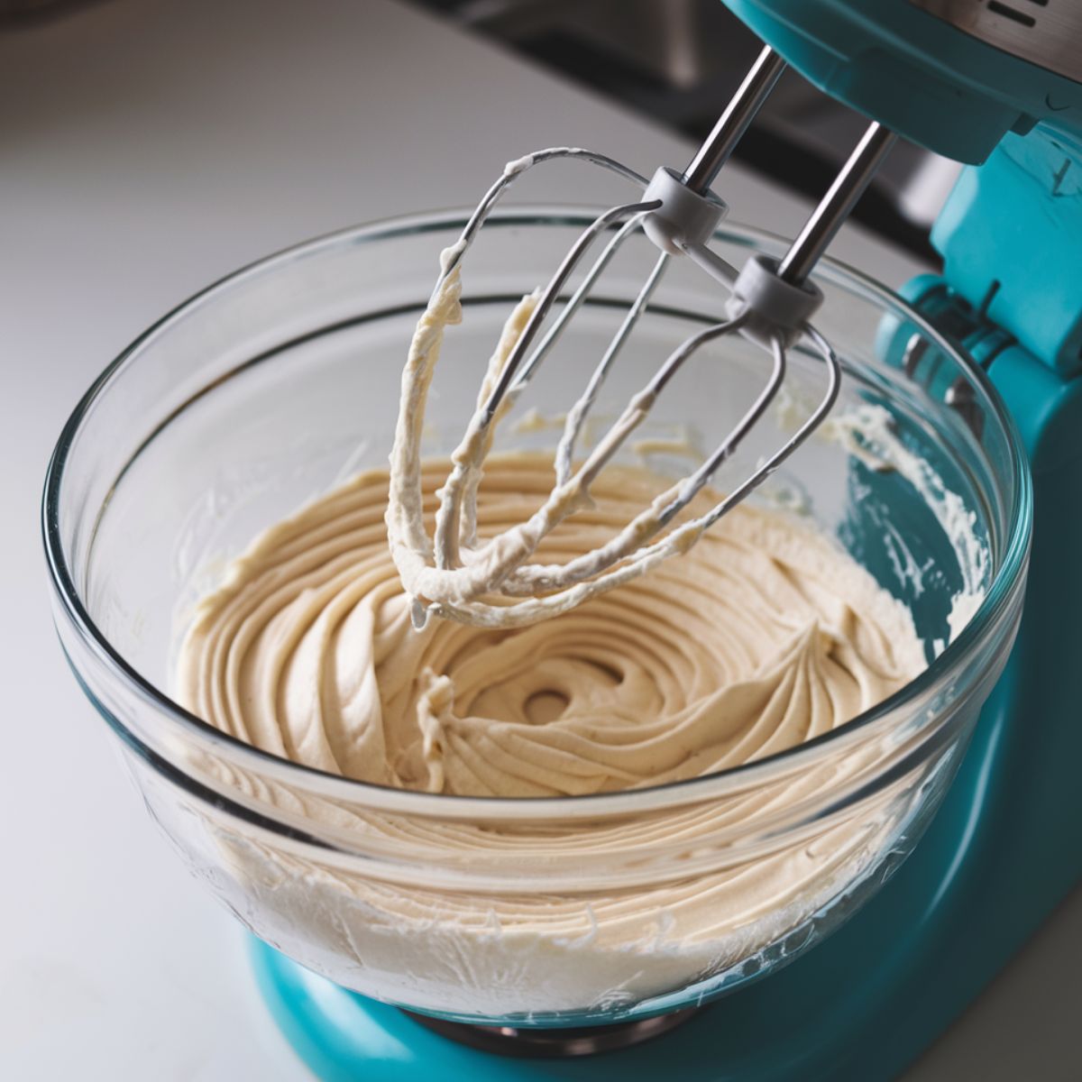 Cream cheese frosting being whipped for Strawberry Cake with Cream Cheese Frosting.