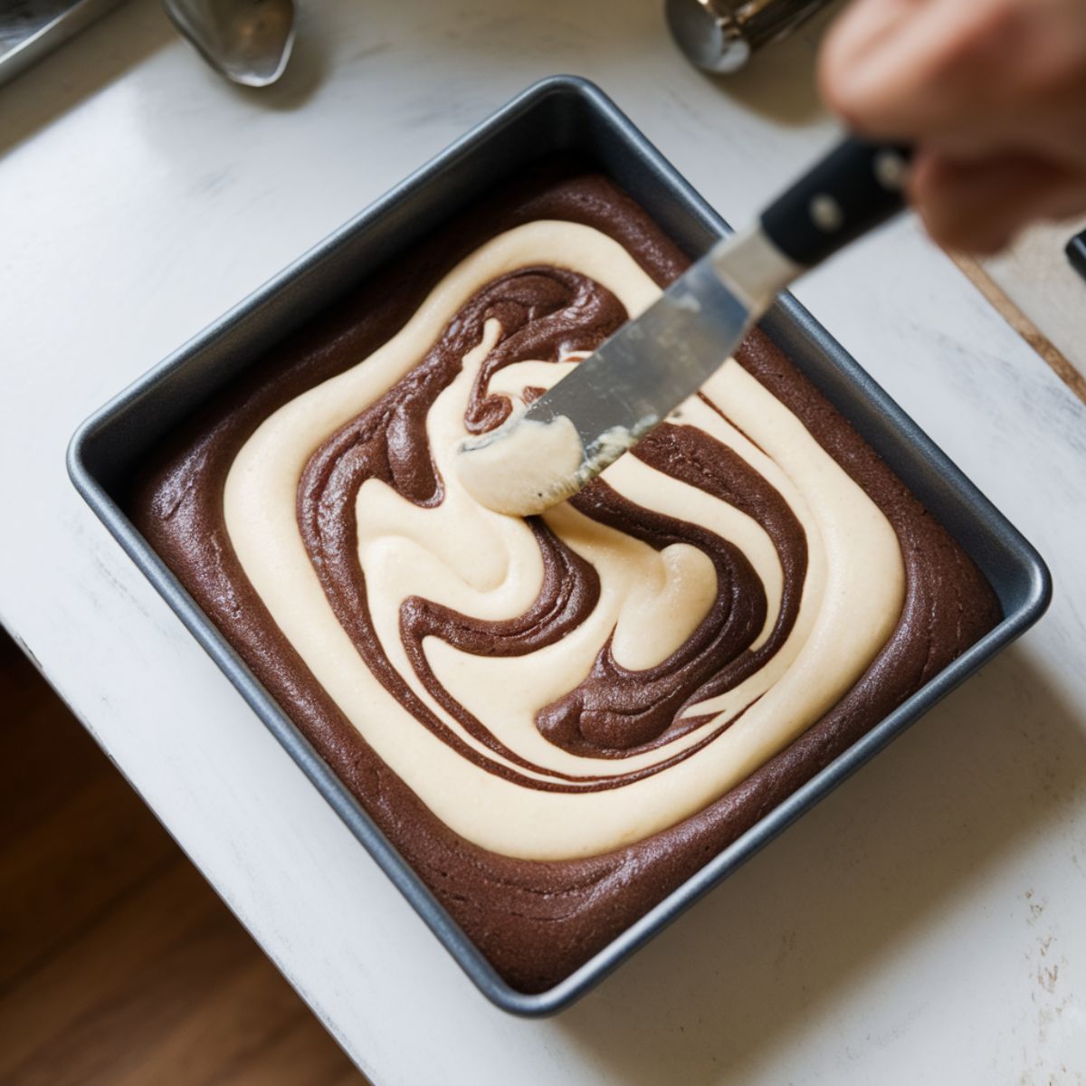 A baking pan with brownie batter and cream cheese mixture being swirled with a knife on a white kitchen counter.