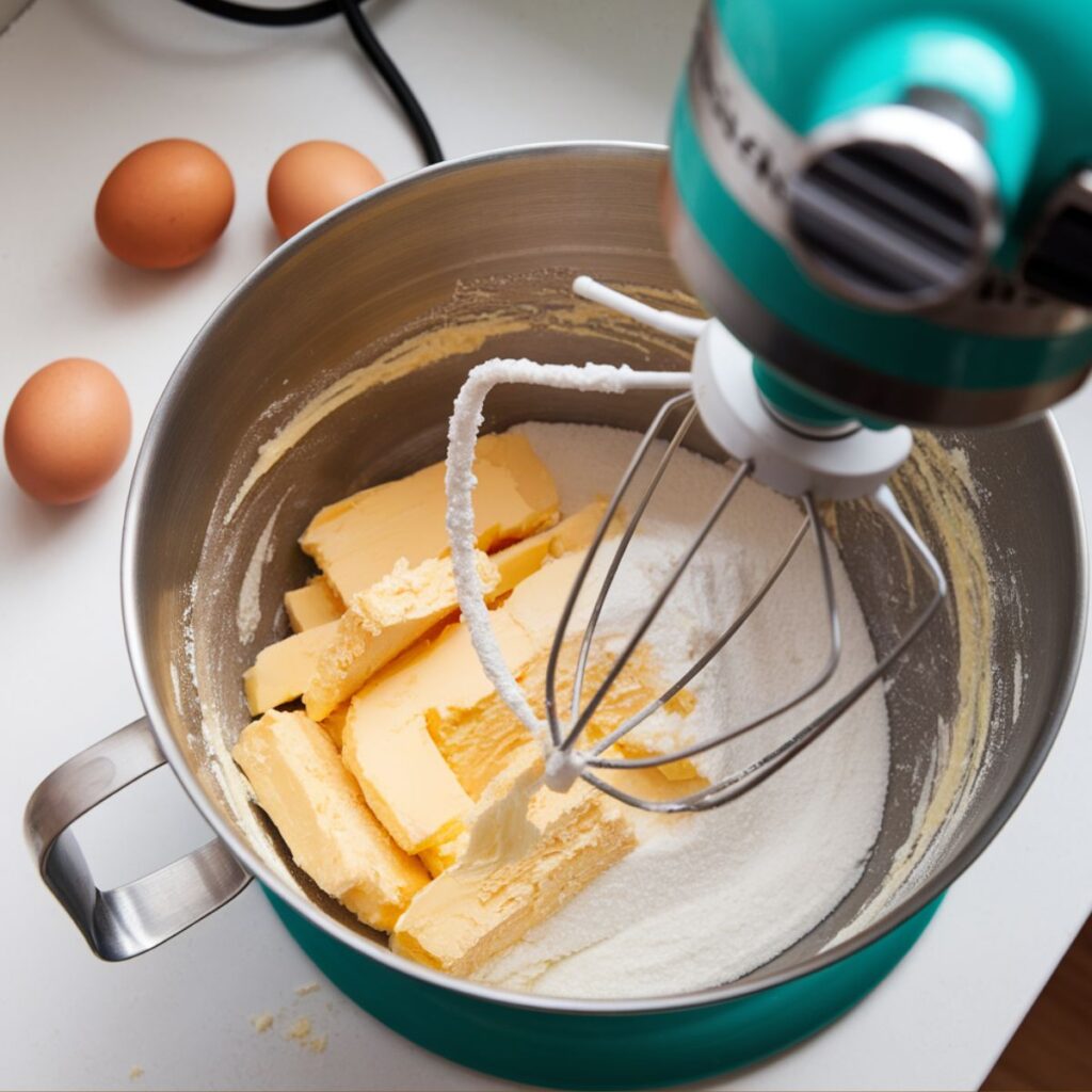 "Creaming butter and sugar in a mixing bowl with a stand mixer.