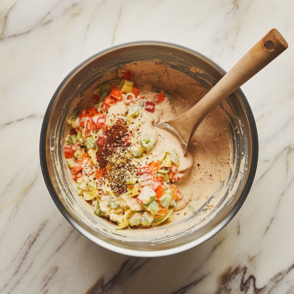 Overhead view of a mixing bowl on a marble countertop filled with a creamy mixture of cream soups, mixed vegetables, and seasonings. A wooden spoon is sticking out of the bowl, ready for the next step.