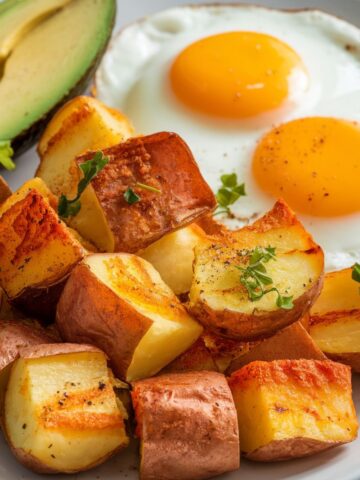 Plate of air fryer breakfast potatoes seasoned with herbs and spices, served with sunny-side-up eggs and sliced avocado for a colorful and balanced breakfast.