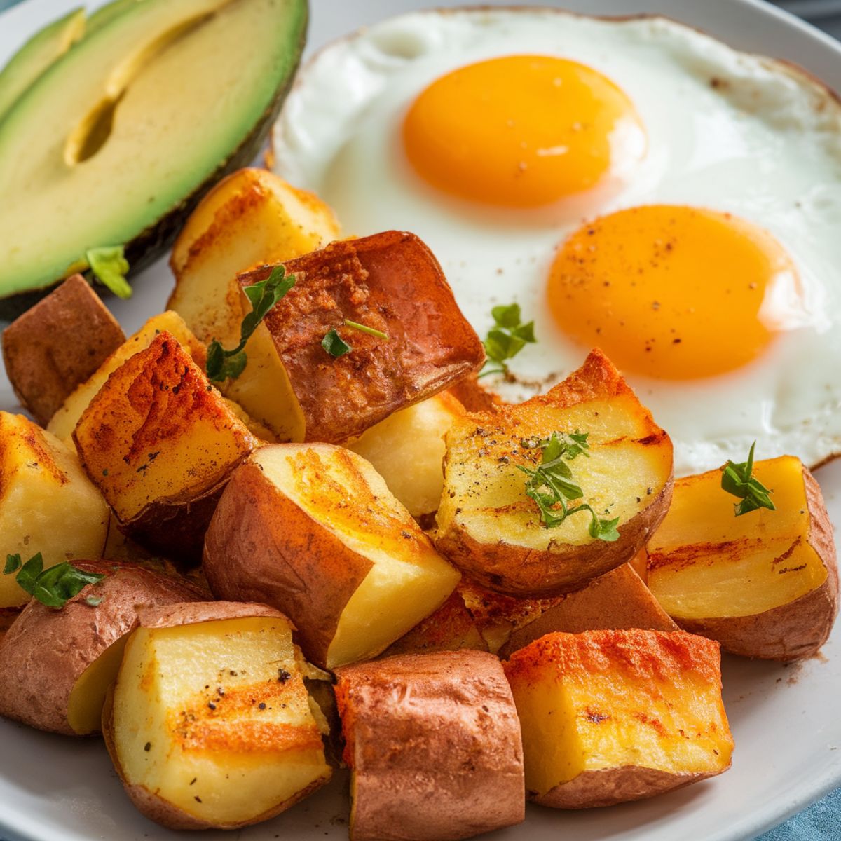 Plate of air fryer breakfast potatoes seasoned with herbs and spices, served with sunny-side-up eggs and sliced avocado for a colorful and balanced breakfast.