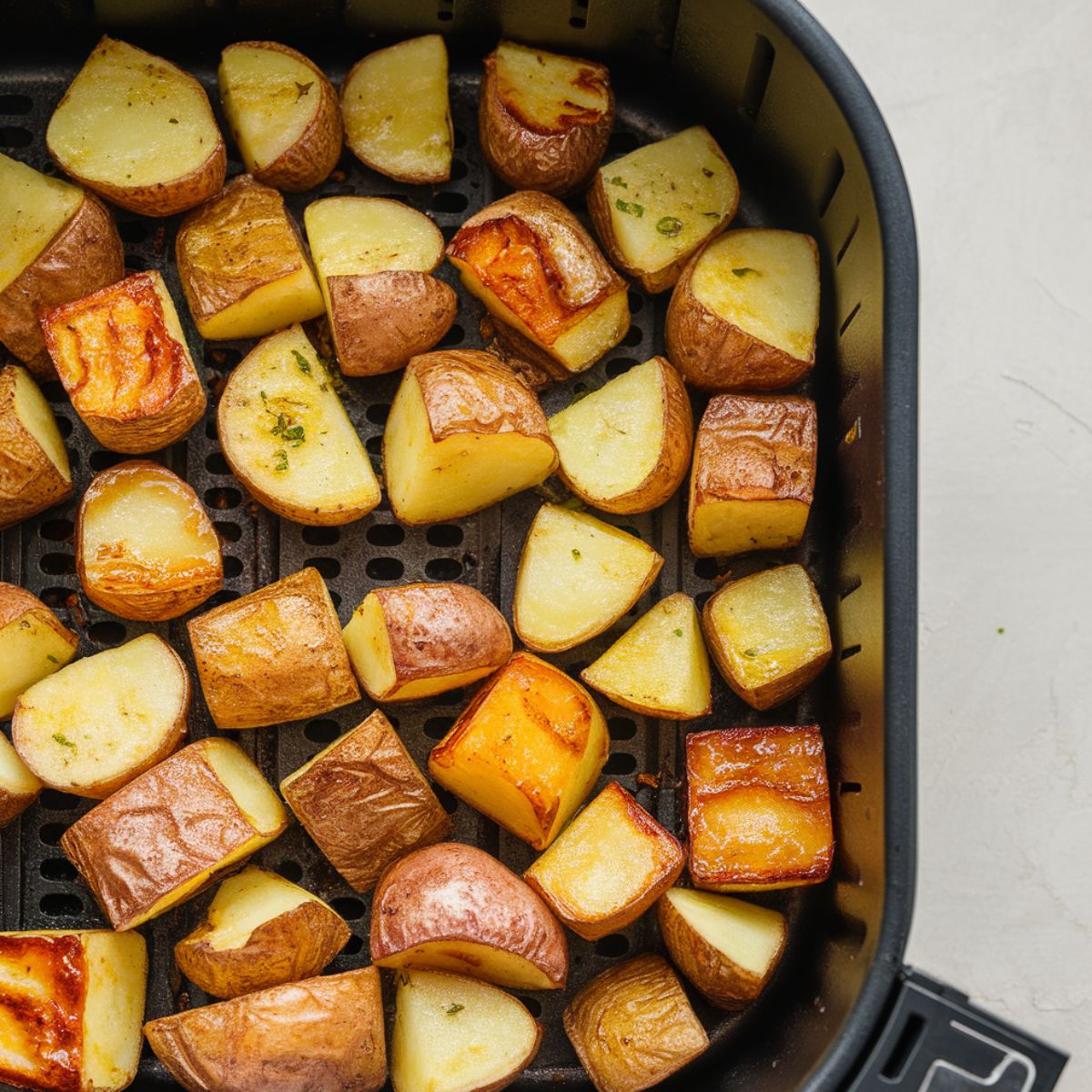 Crispy golden breakfast potatoes garnished with rosemary on a parchment-lined baking sheet.