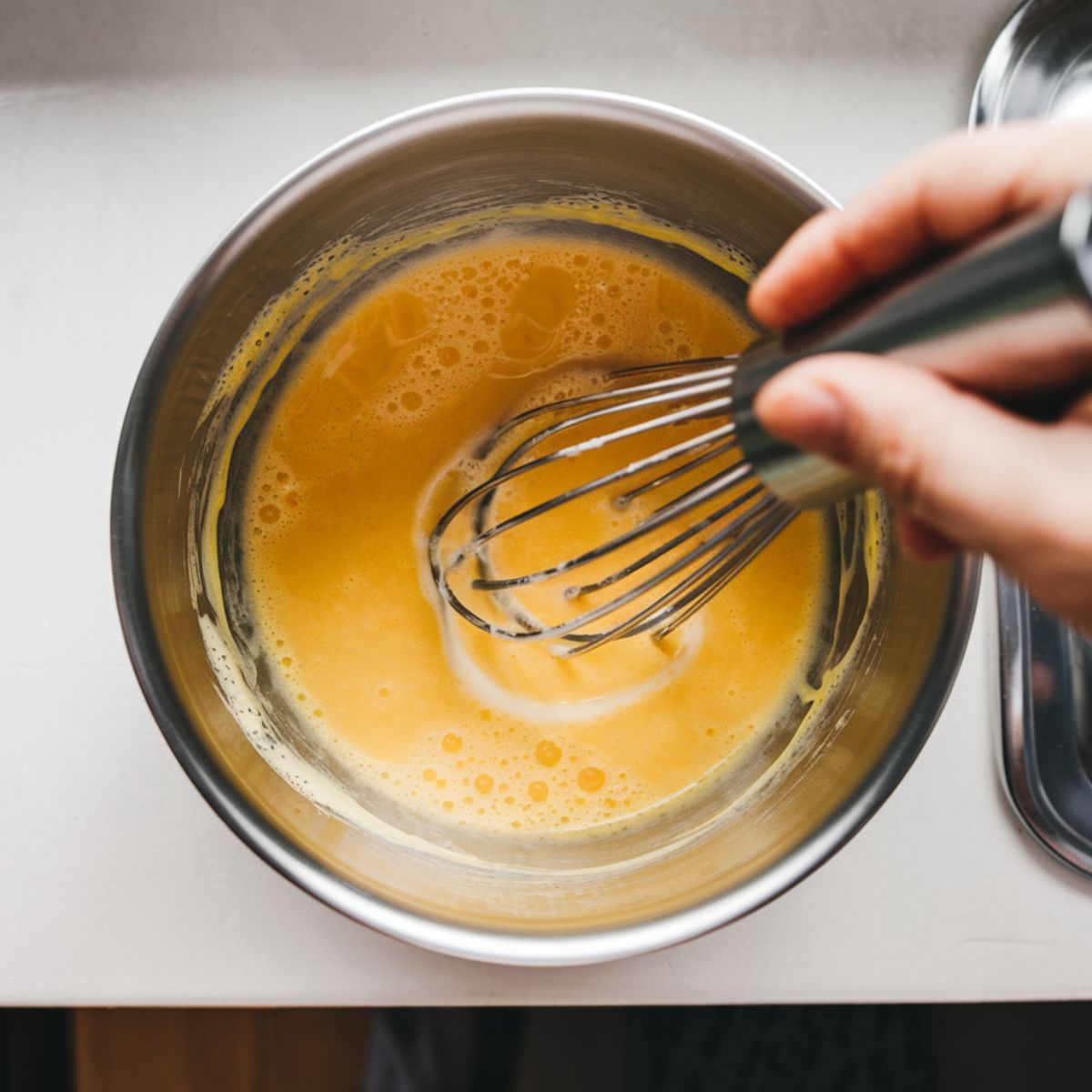 Preparing the custard mixture for homemade crab brulee recipe on a white kitchen counter.