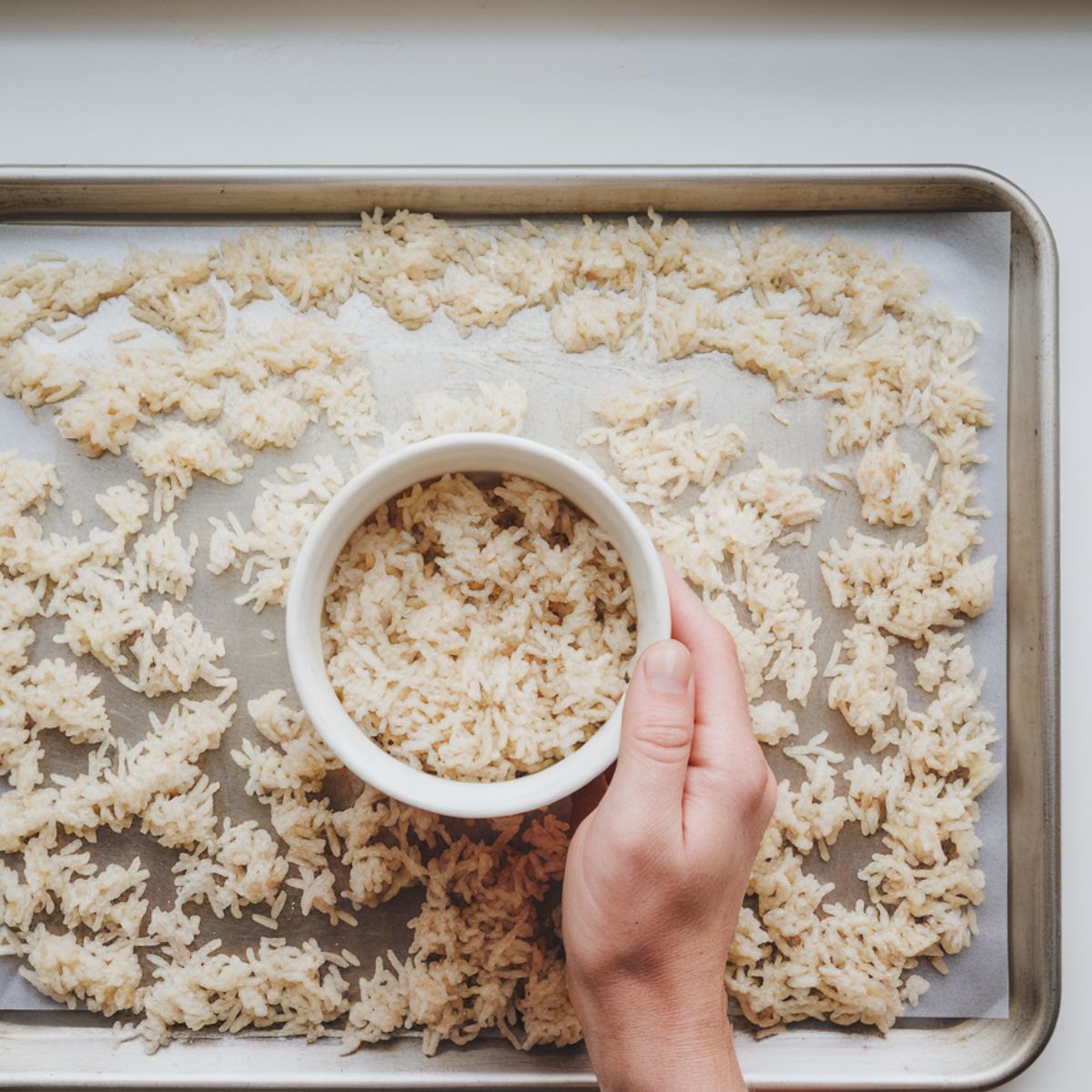 Day-old cooked rice spread on a baking sheet, ready for making fried rice