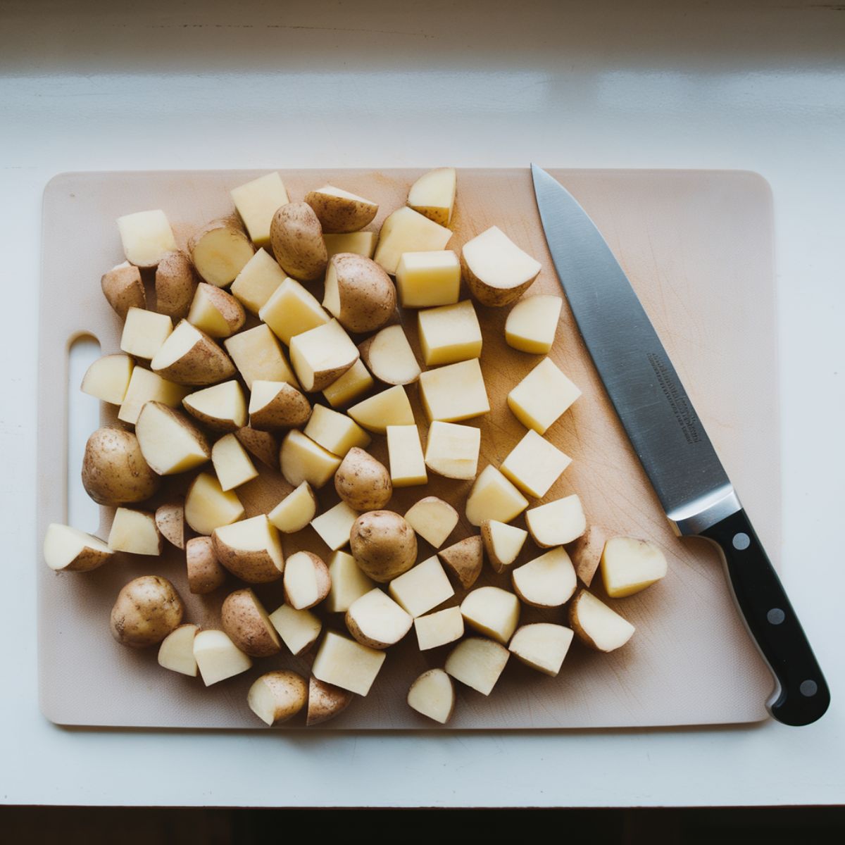 Dicing Yukon Gold potatoes into even cubes on a cutting board.