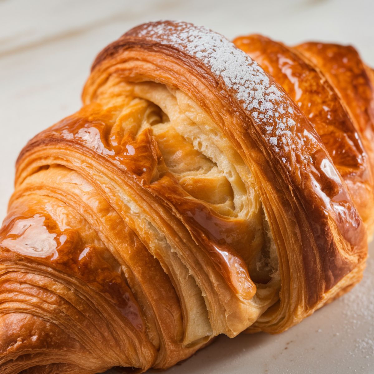 Close-up of a golden-brown Swiss gipfeli (croissant) with flaky, layered pastry, a glossy caramelized surface, and a light dusting of powdered sugar, resting on parchment pape