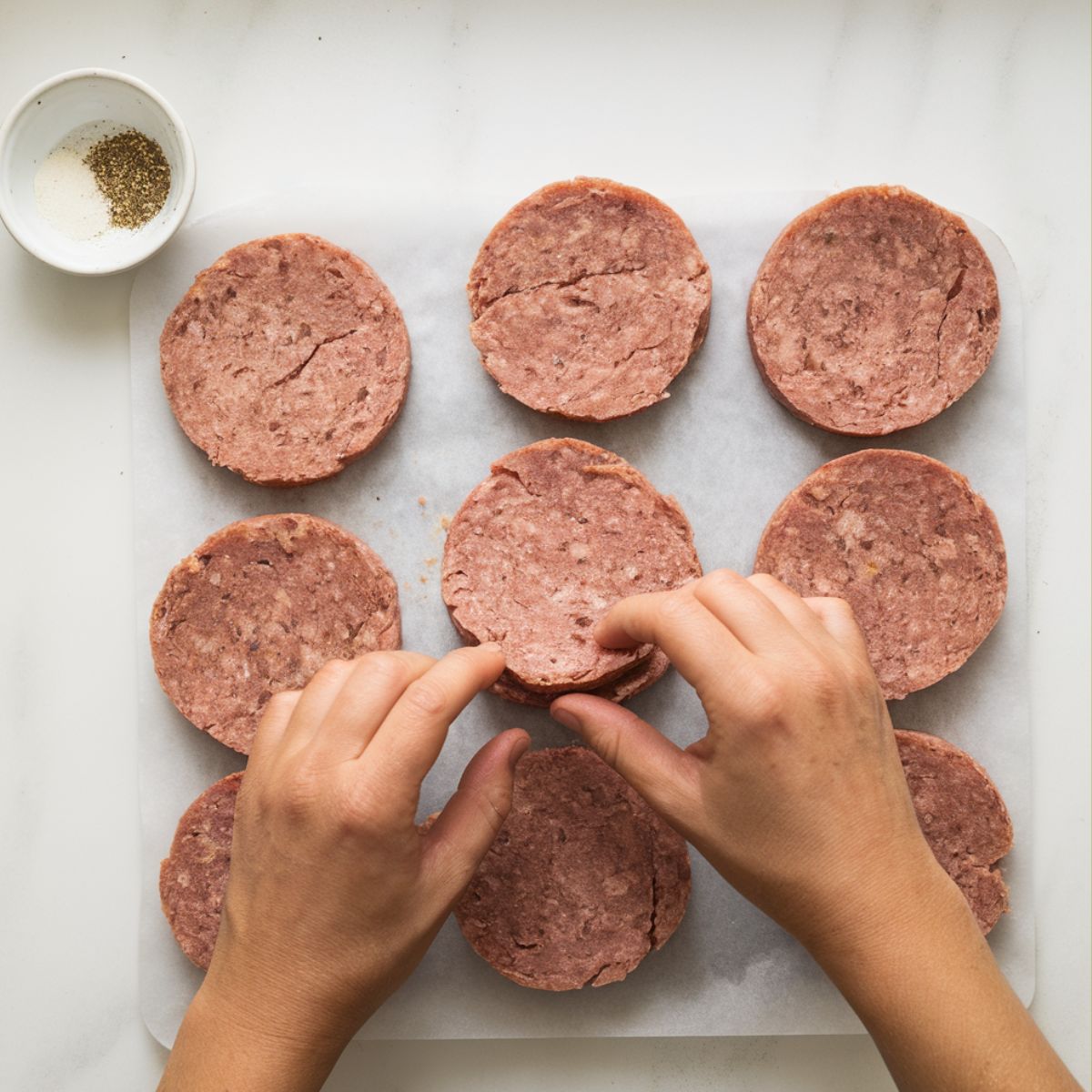 Hands shaping turkey sausage patties on a white counter with seasoning bowl nearby