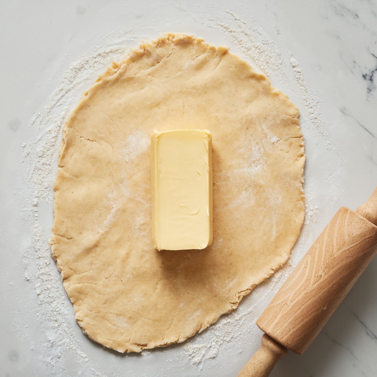 Dough for Swiss gipfeli rolled out on a white kitchen counter with a block of butter at the center, prepared for lamination.