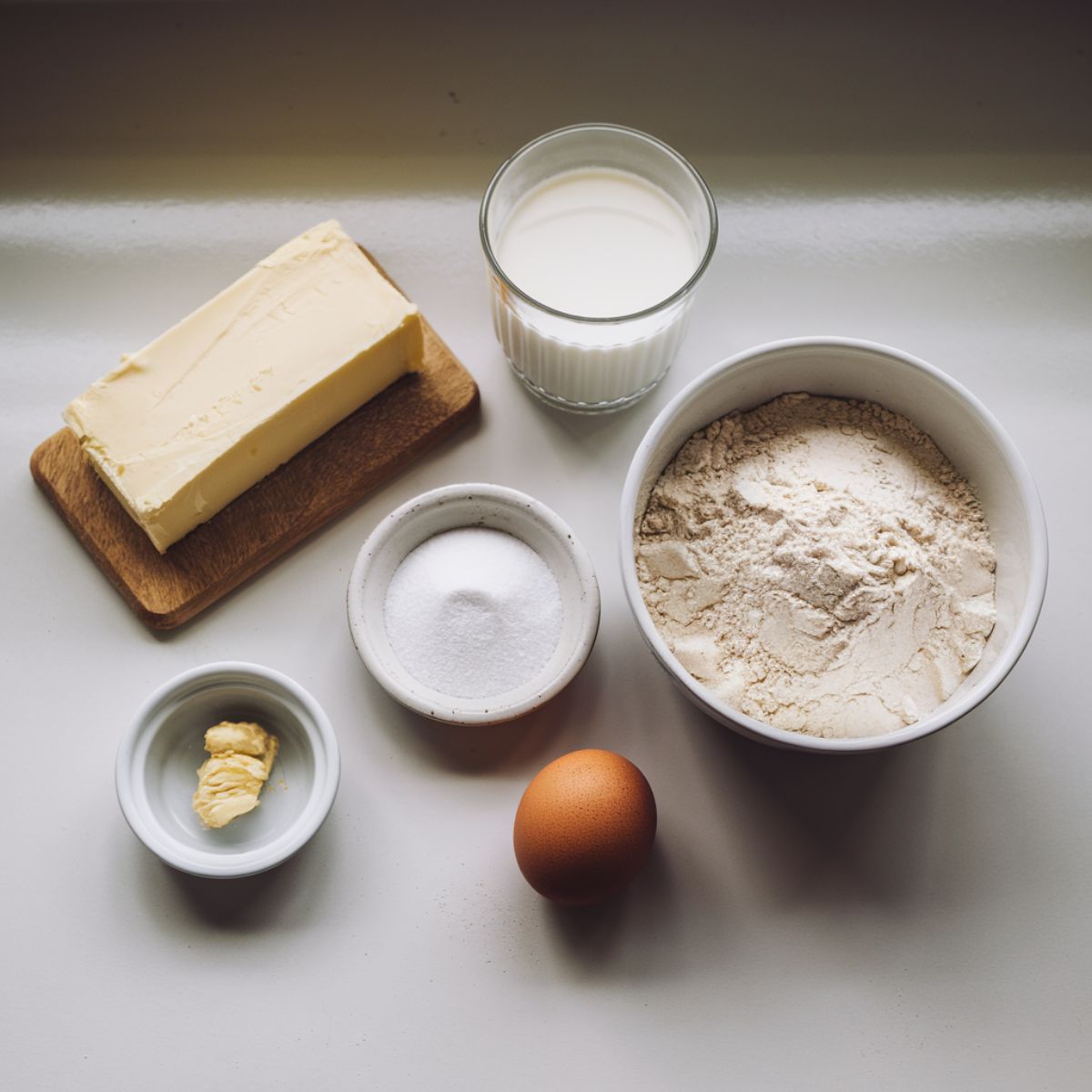 Flat lay of ingredients for Swiss gipfeli, including butter, milk, flour, sugar, an egg, and fresh yeast, on a white kitchen counter.