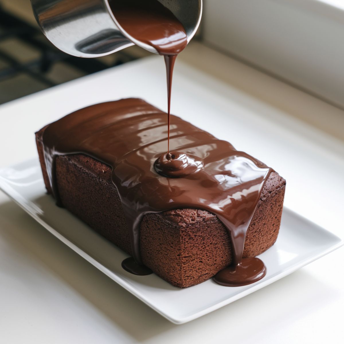 Freshly baked chocolate pound cake on a white plate, with shiny chocolate glaze being poured over the top on a white kitchen counter.