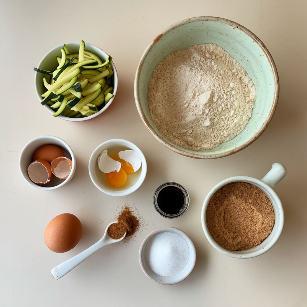 A flat lay of ingredients for gluten-free zucchini bread, including shredded zucchini, flour, eggs, and spices