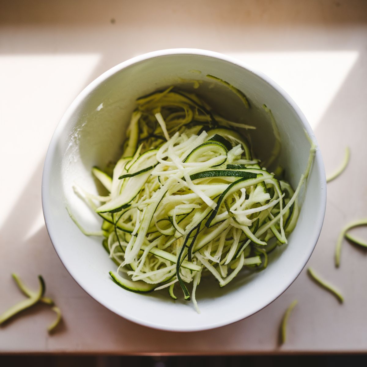 A bowl of freshly grated zucchini, slightly moist, placed on a white kitchen counter.