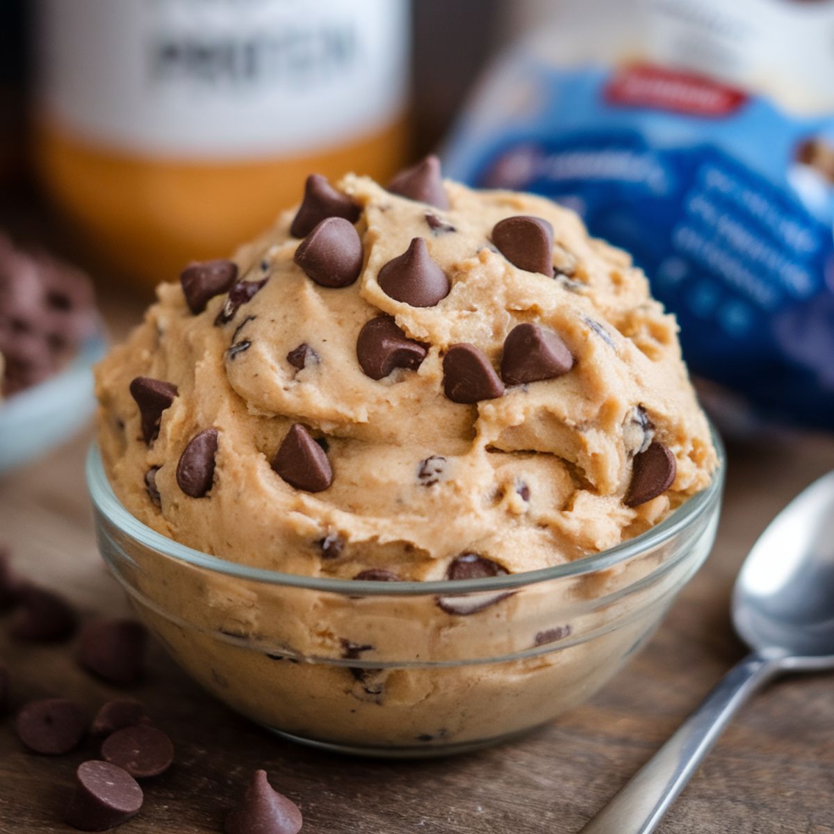 Overhead shot of a bowl of creamy protein cookie dough with chocolate chips surrounded by ingredients