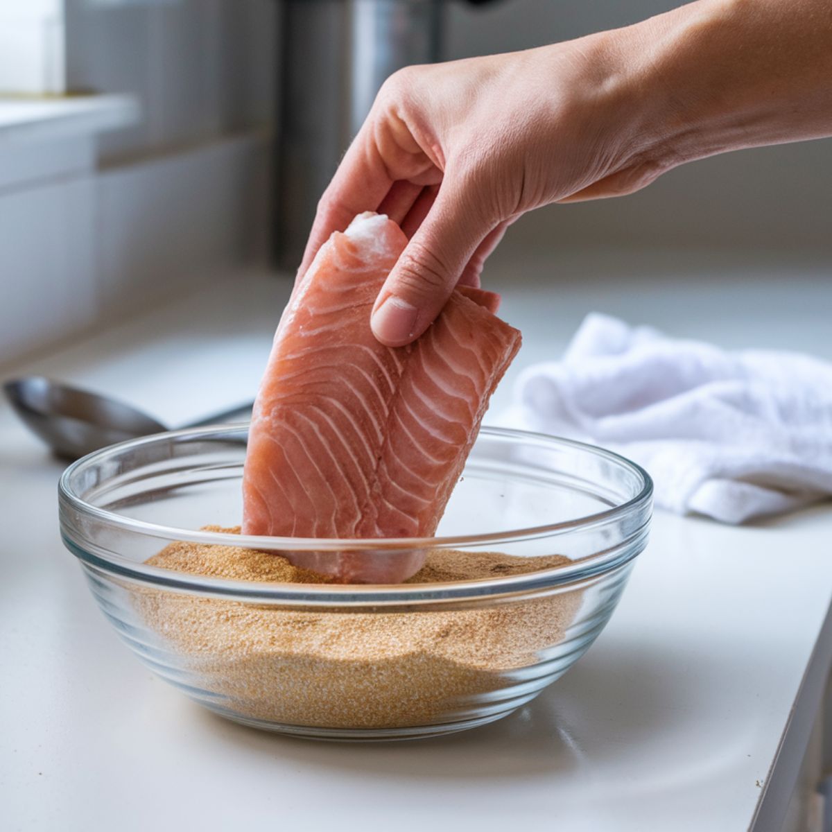 dredging fish fillets in Hillbilly Fish Fry Seasonings mix, with a bowl of prepared coating