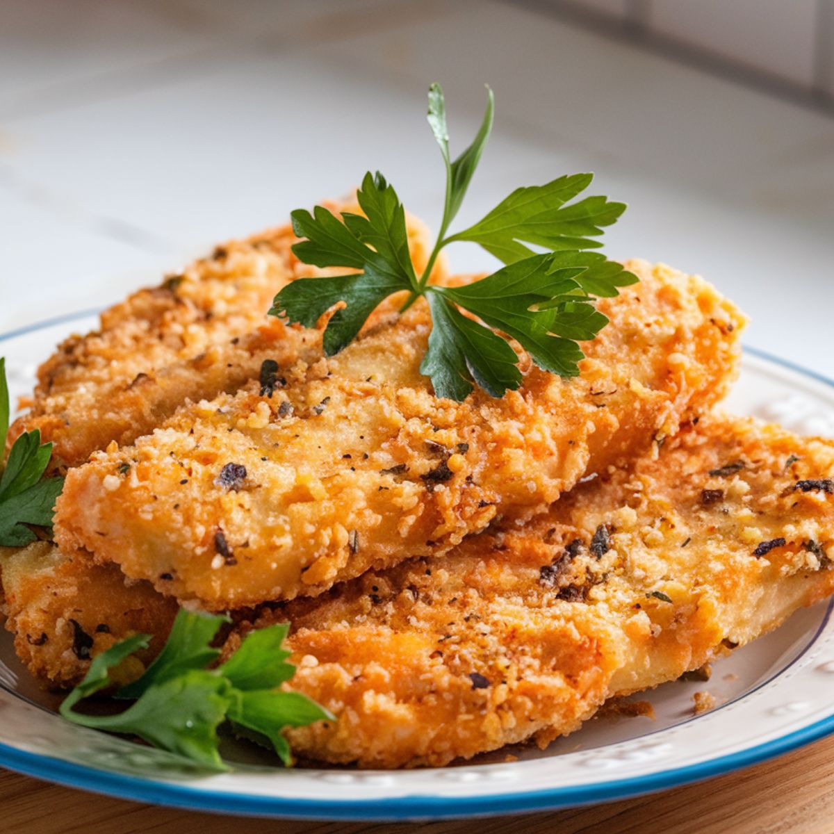 Golden fried fish with a crispy coating, garnished with parsley, served on a white plate.