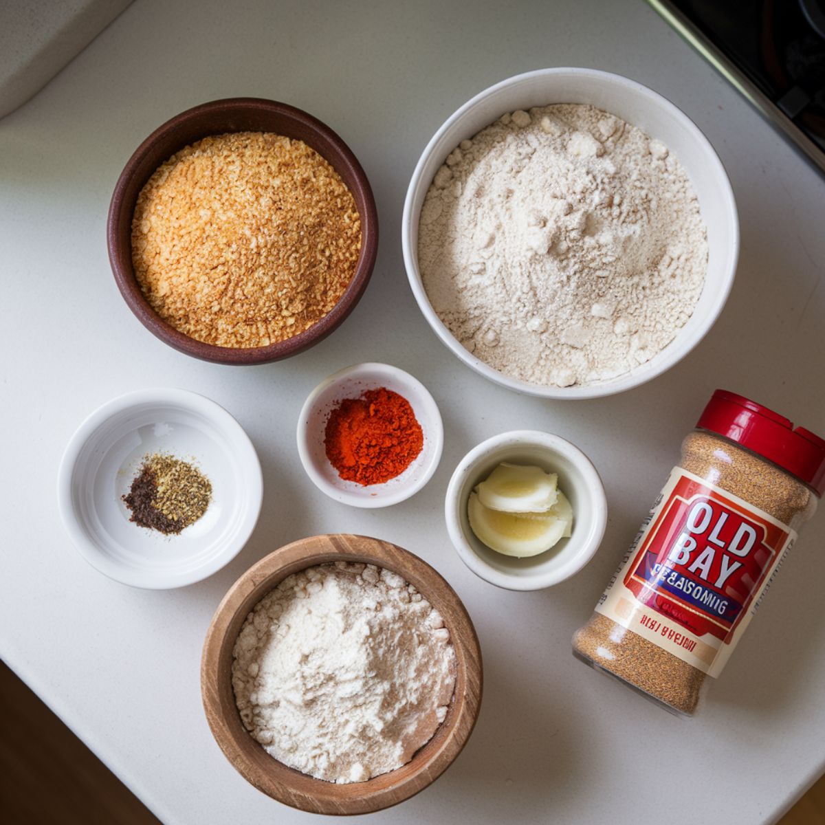 Flat lay of key ingredients for fish fry seasoning, including bowls of cornmeal, flour, paprika, cayenne, garlic powder, and Old Bay seasoning,