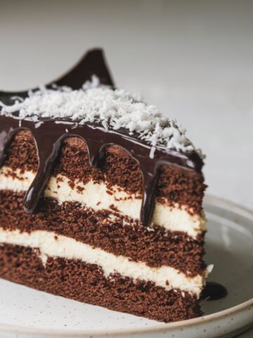 A slice of homemade chocolate cake with moist chocolate layers, creamy coconut filling, glossy ganache, and shredded coconut garnish