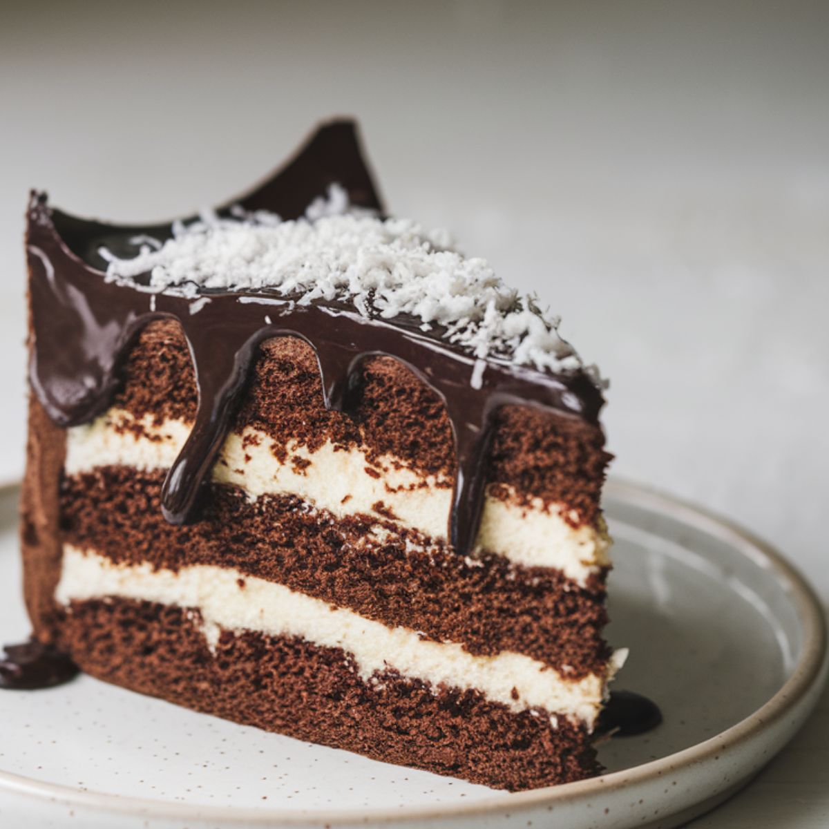 A slice of homemade chocolate cake with moist chocolate layers, creamy coconut filling, glossy ganache, and shredded coconut garnish