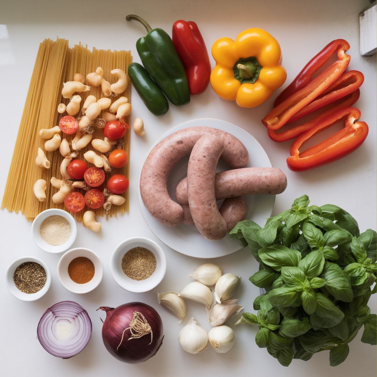 Ingredients for Italian Drunken Noodles including pasta, sausage, peppers, and fresh basil laid out on a white kitchen counter.