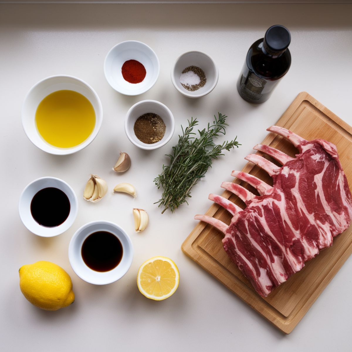 Flat lay of lamb rib ingredients, including raw lamb ribs, spices, herbs, olive oil, garlic, lemon, red wine, and balsamic vinegar on a white kitchen counter