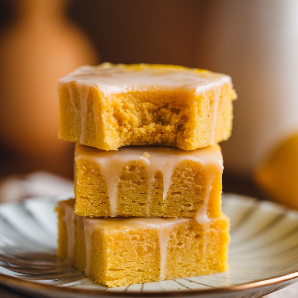 Stack of three lemon brownies with glossy white icing, one with a bite taken out, showcasing a dense and moist texture, placed on a wooden cutting board.