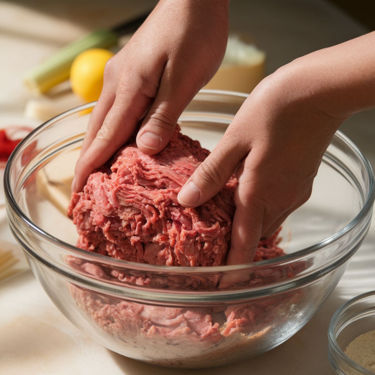 Mixing ground beef with Lipton onion soup mix and breadcrumbs to make perfect meatloaf texture