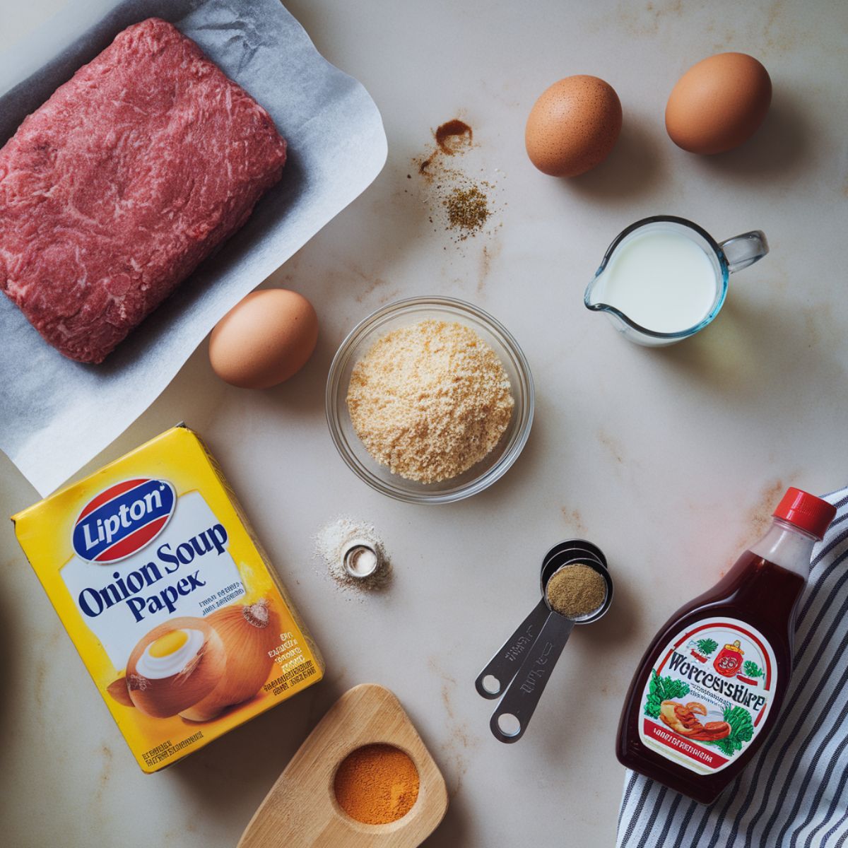 Fresh ingredients for Lipton meatloaf recipe including ground beef, onion soup mix, eggs, breadcrumbs, and seasonings