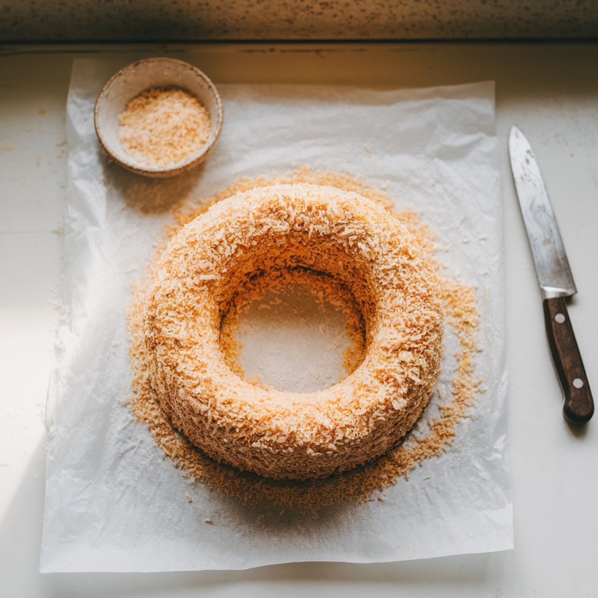 Rounded Lolly cake recipe log rolled in desiccated coconut on parchment paper, ready to chill.