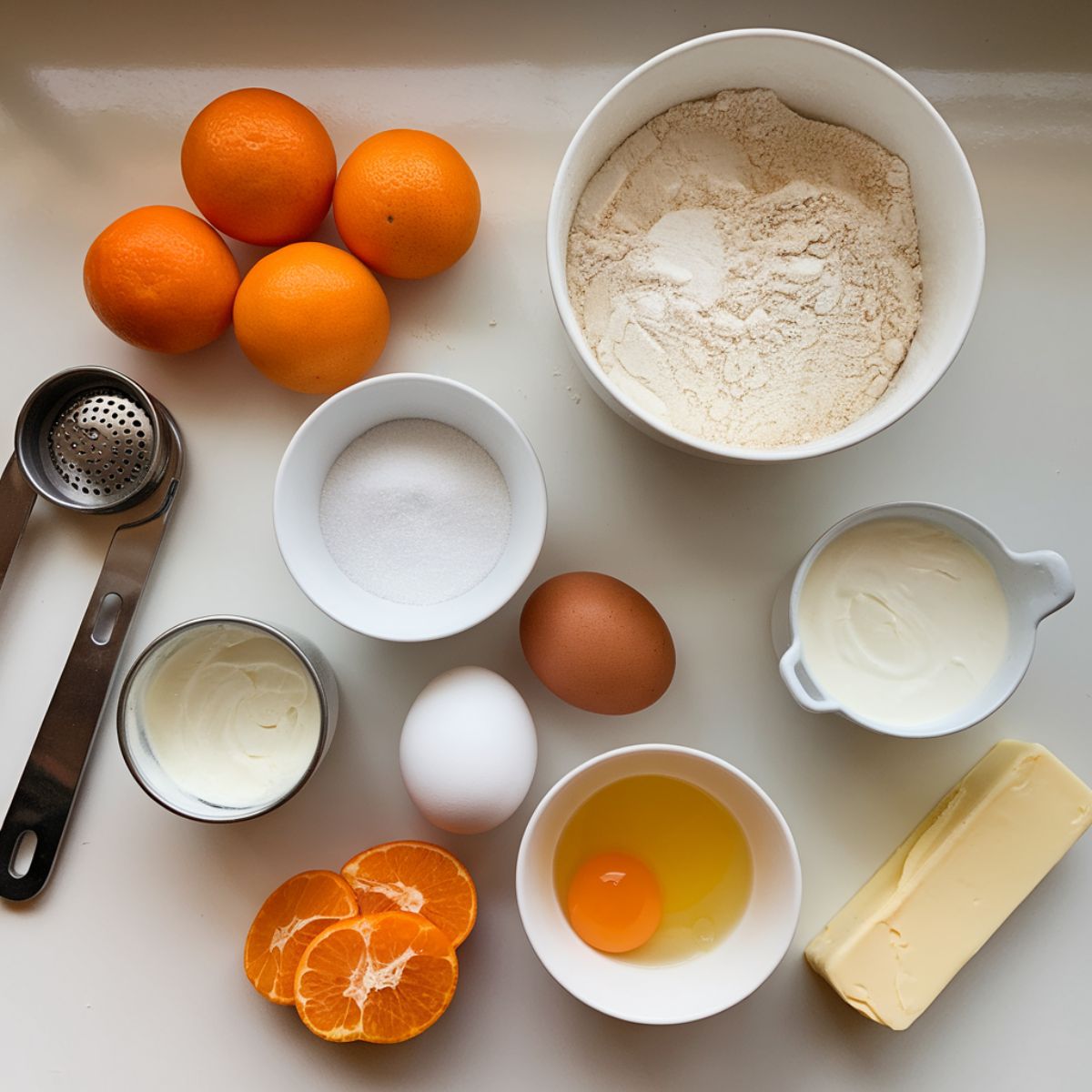 Fresh mandarins, flour, sugar, eggs, sour cream, and butter on a white kitchen counter.