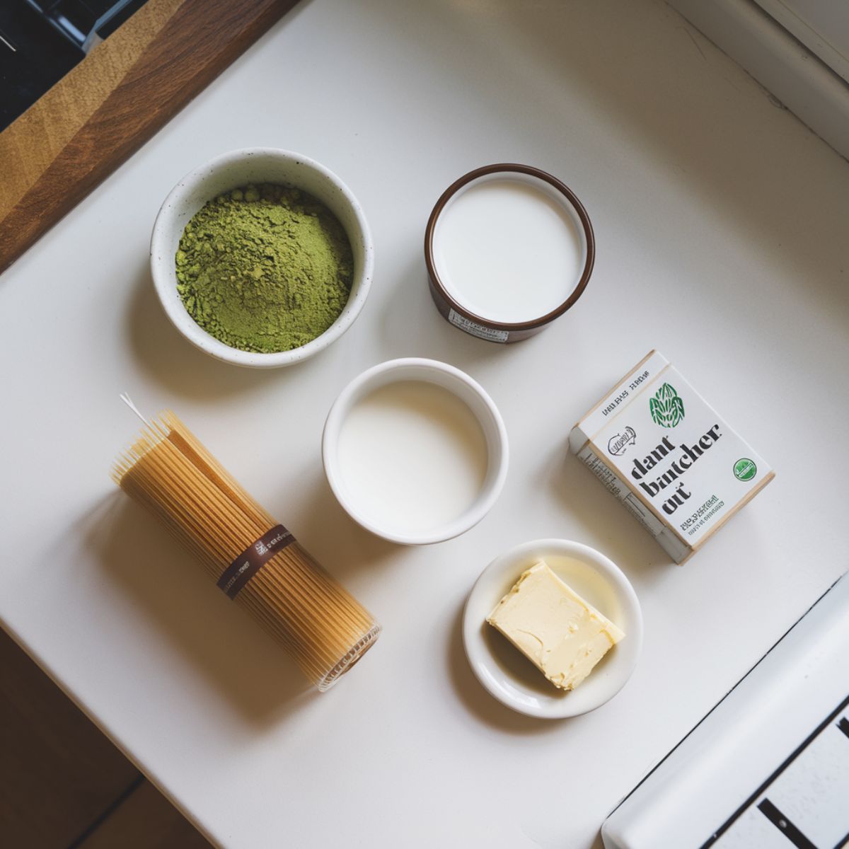 matcha cake recipe Vegan ingredients on white kitchen counter