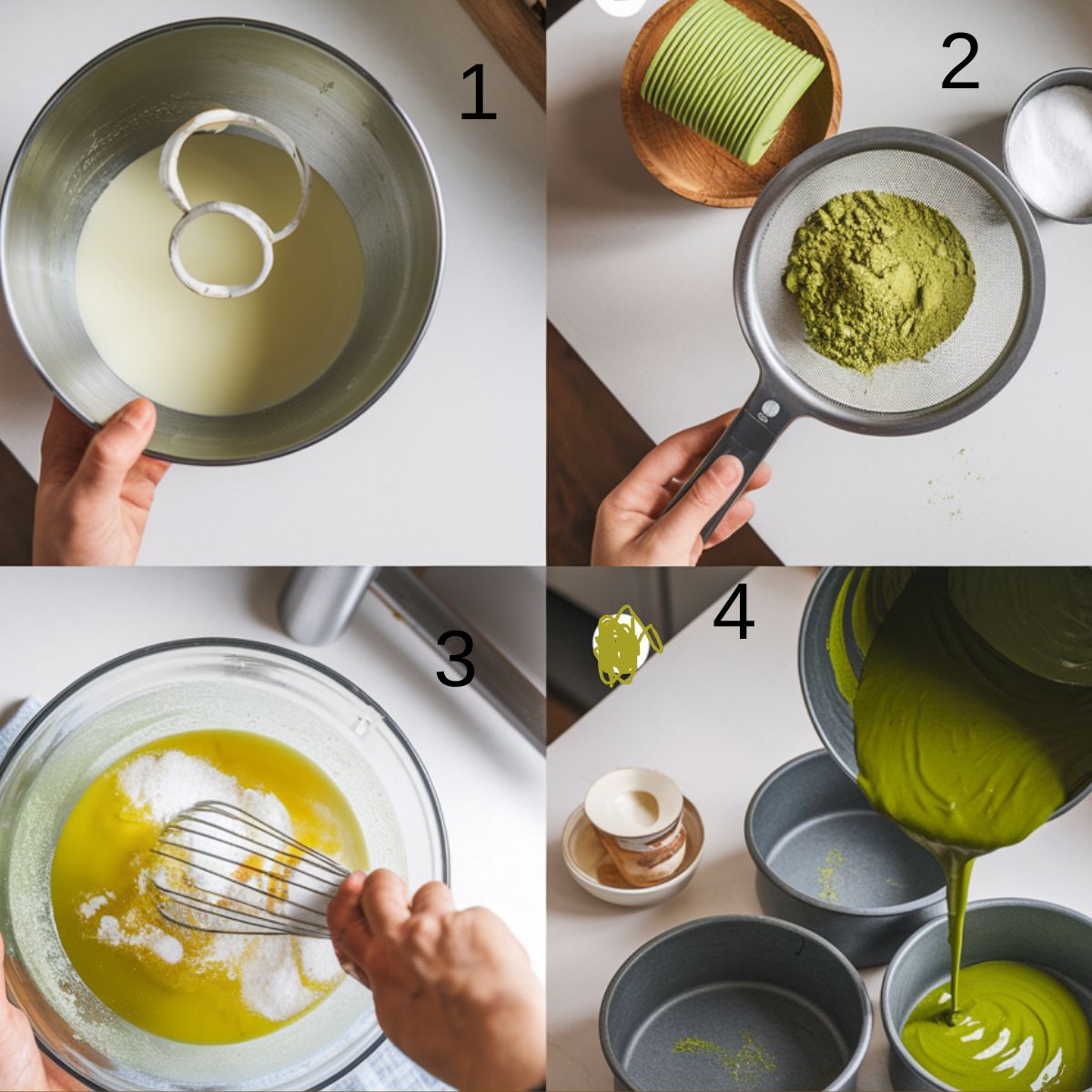 Step-by-step instructions for making matcha cake recipe vegan in four frames