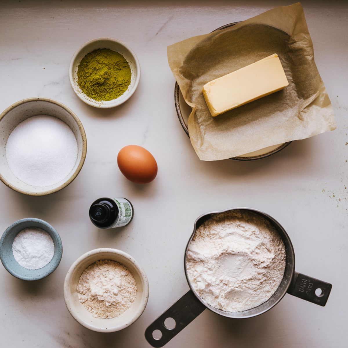 Matcha cookies recipe ingredients including matcha powder, butter, sugar, egg, vanilla, flour, baking powder, and salt, arranged on a white kitchen counter.