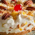 A whole Millionaire Pie with creamy filling, topped with pecans and pineapple, on a white plate. Perfect no-bake dessert