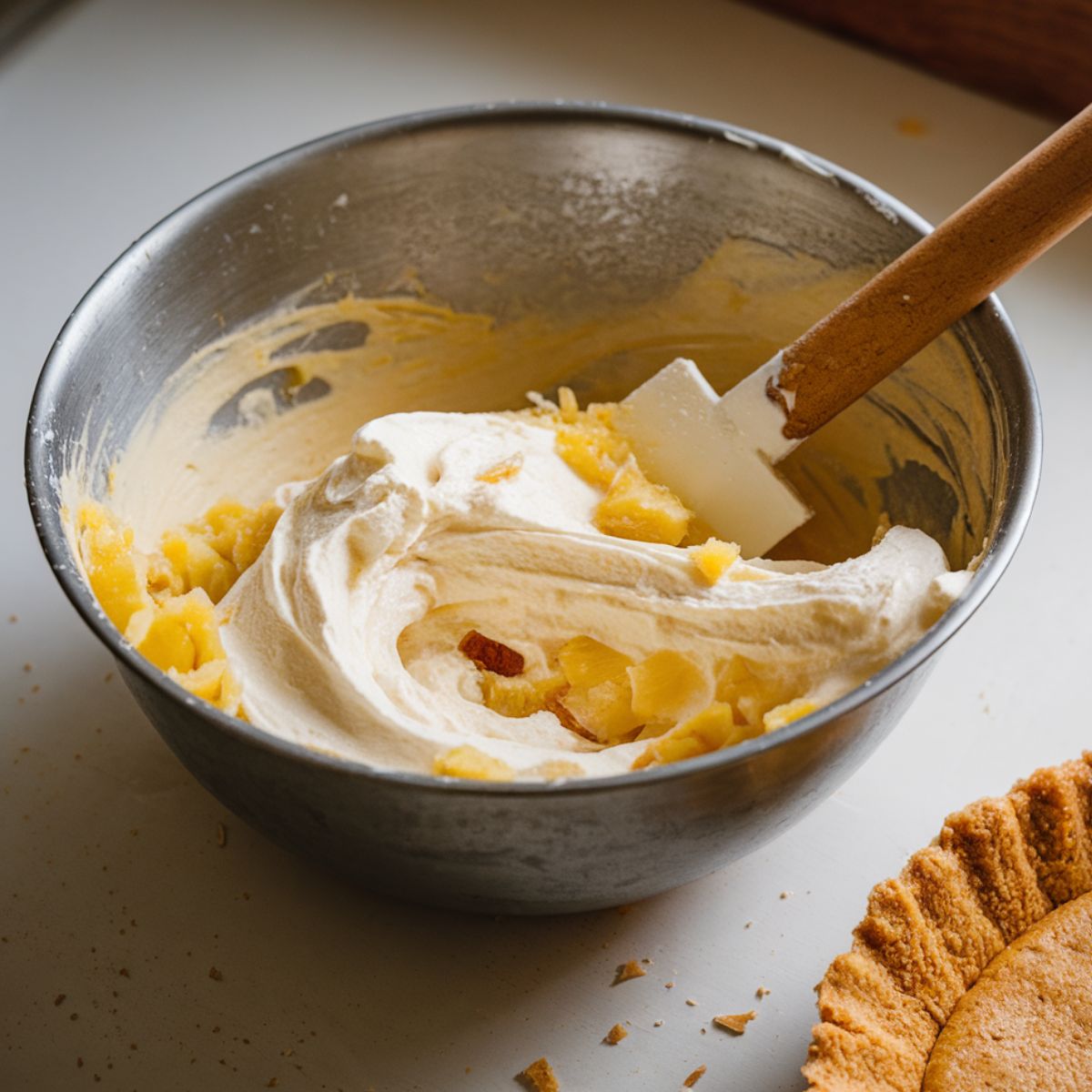 Millionaire Pie filling being mixed in a large mixing bowl using a rubber spatula. Ingredients like whipped topping and condensed milk visible.