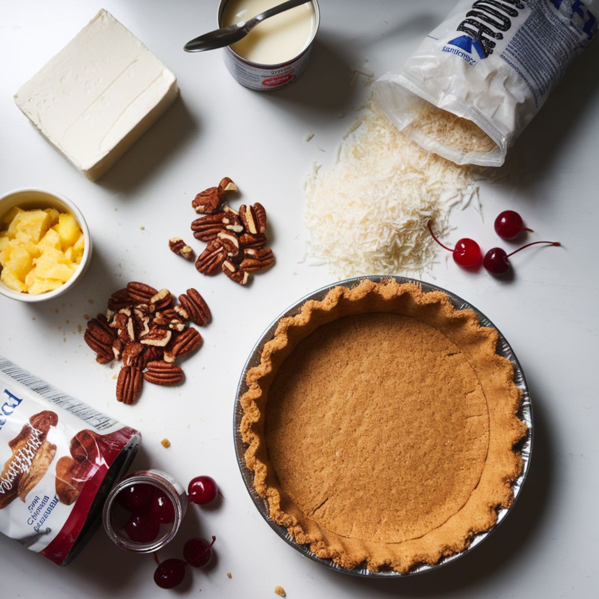 Millionaire Pie Recipe ingredients: cream cheese, sweetened condensed milk, crushed pineapple, shredded coconut, pecans, and maraschino cherries.