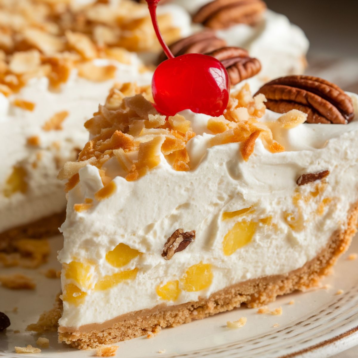 A slice of Millionaire Pie with creamy filling, topped with pecans and pineapple