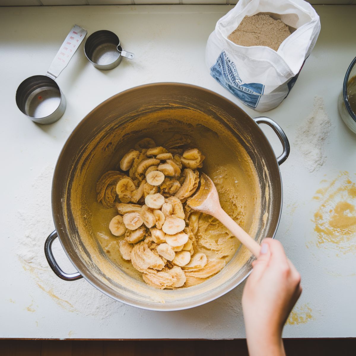 Mashed bananas and wet ingredients being mixed in a bowl with a wooden spoon