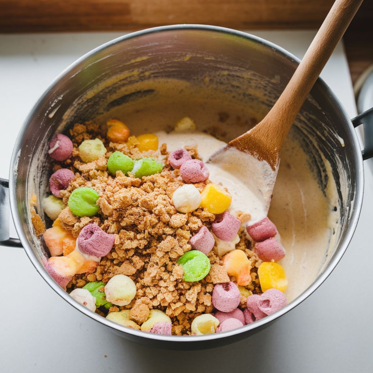 "Mixing lolly cake recipe ingredients in a bowl with a wooden spoon on a white kitchen counter.