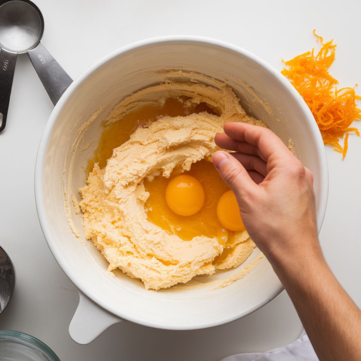 Mixing creamed butter and sugar with mandarin zest and eggs in a white bowl.