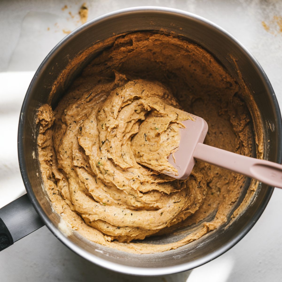 A mixing bowl with thick zucchini bread batter being stirred with a spatula on a white kitchen counter.