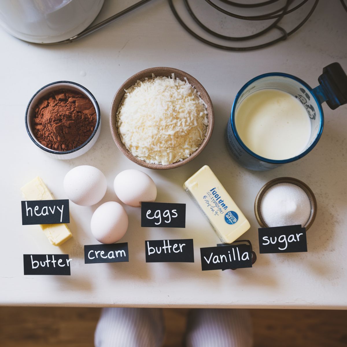 Ingredients for a Mounds cake recipe displayed on a white kitchen counter, including cocoa powder, shredded coconut, and vanilla extract.