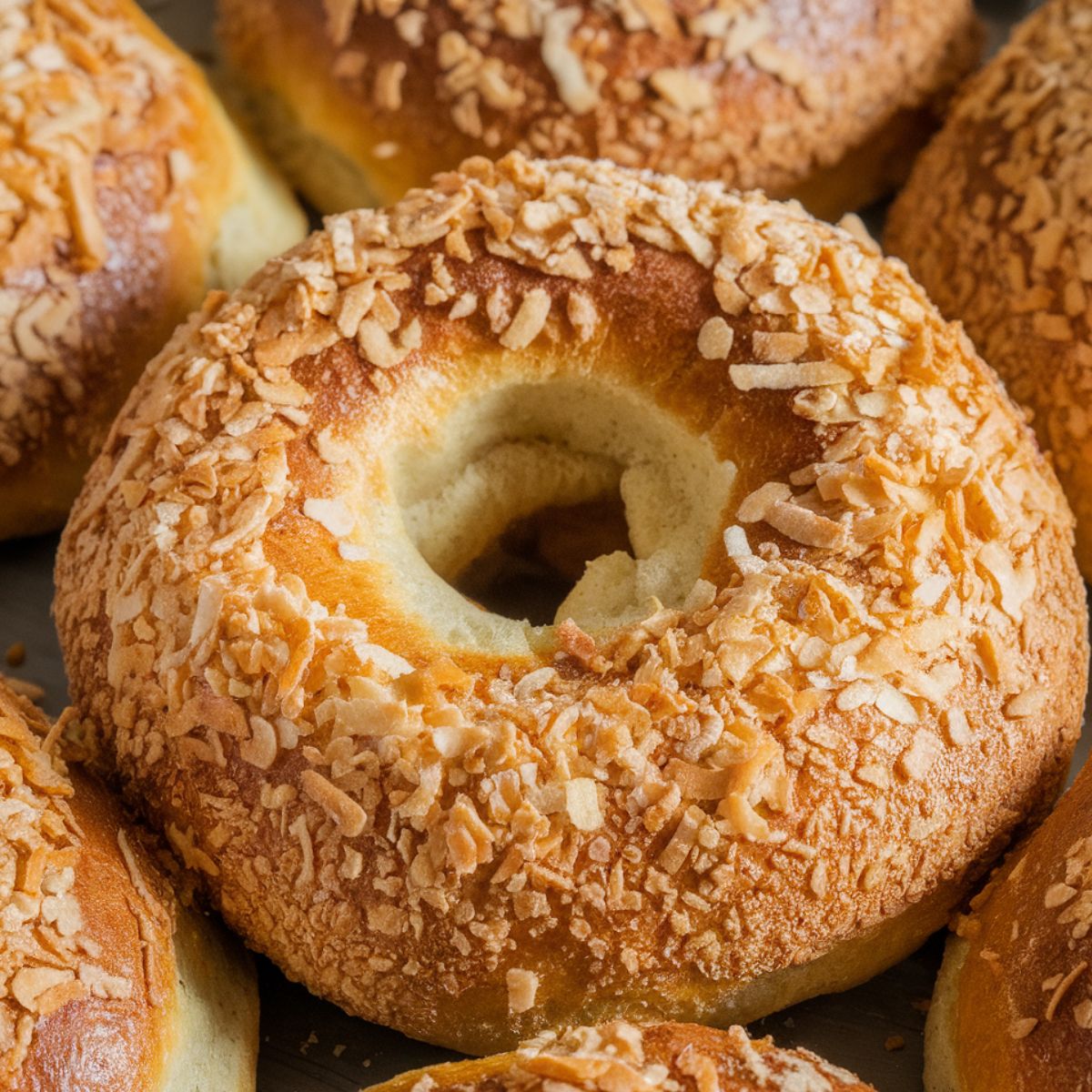 A homemade sourdough bagel with a golden-brown crust, generously coated with toasted coconut flakes, giving it a crisp, textured finish