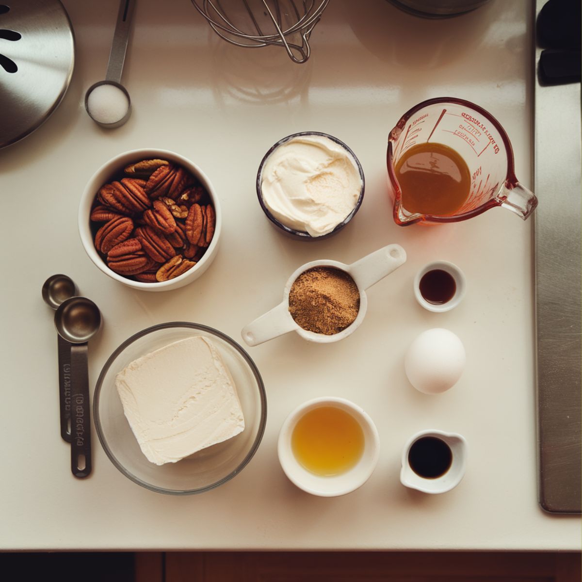 Overhead view of pecan cream pie ingredients including fresh pecans, cream cheese, heavy cream, eggs, and vanilla extract on a white kitchen counter.