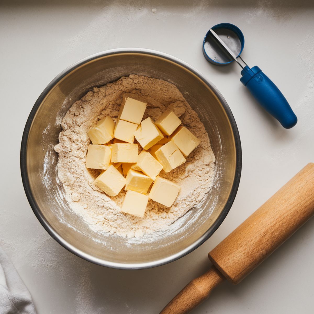 Mixing bowl with cold butter cubes being cut into flour for pie crust preparation.