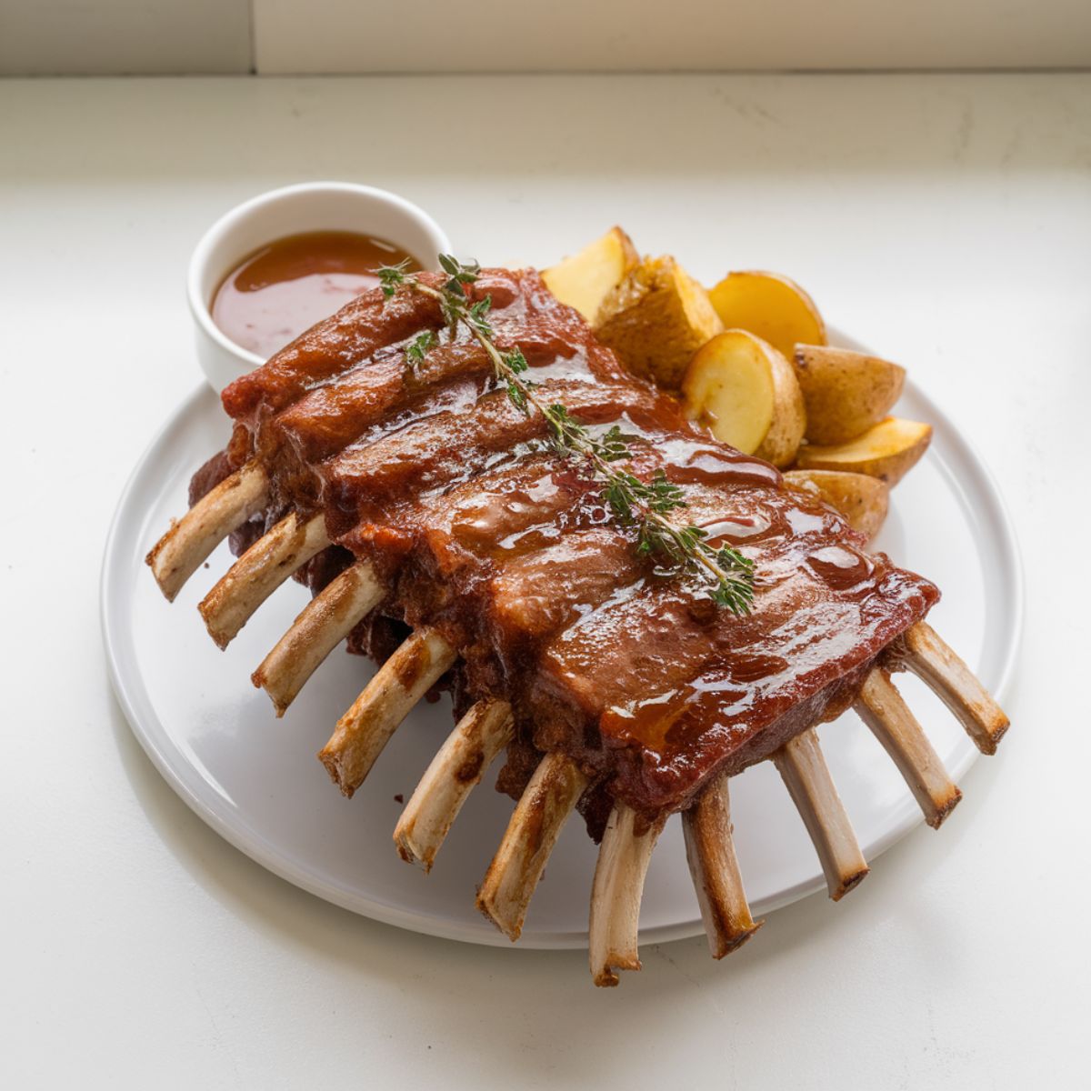 A serving plate with lamb ribs, roasted potatoes, and caramelized onions on a white kitchen counter.