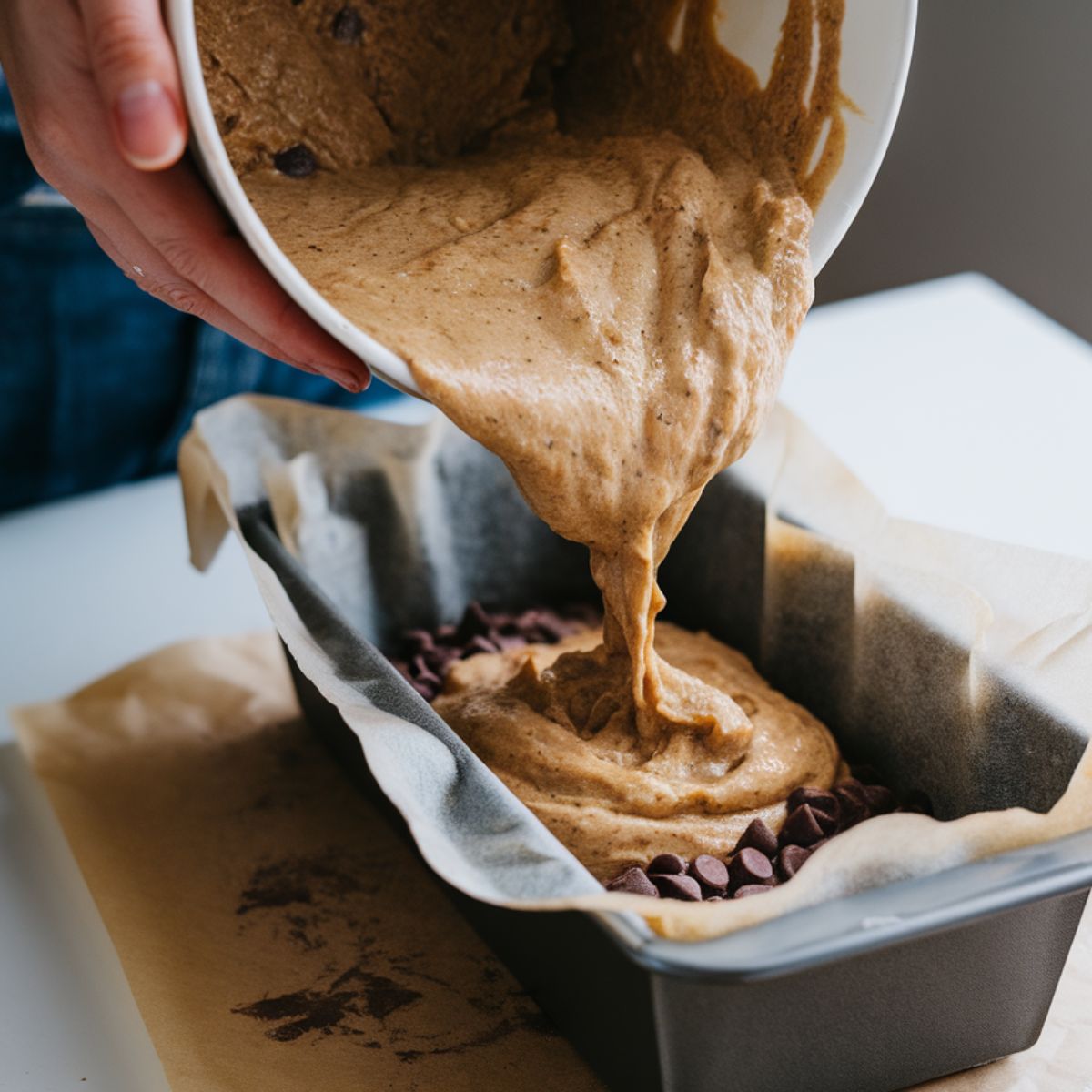 A baker pours thick banana bread batter with chocolate chips into a parchment-lined loaf pan.